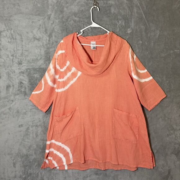 Match Point Linen Dress Sz M Tie Dye Cowl Neck 3/4 Sleeves Pockets Coral Orange - Picture 1 of 8